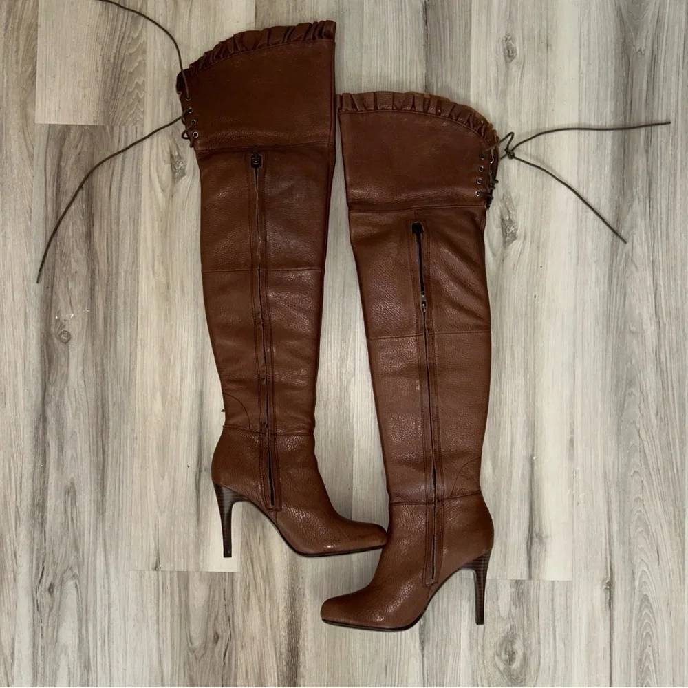 Report y2k Brown leather Over-the-Knee lace up back boots